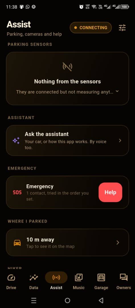 Assist tab: parking sensors, assistant, emergency help and where I parked