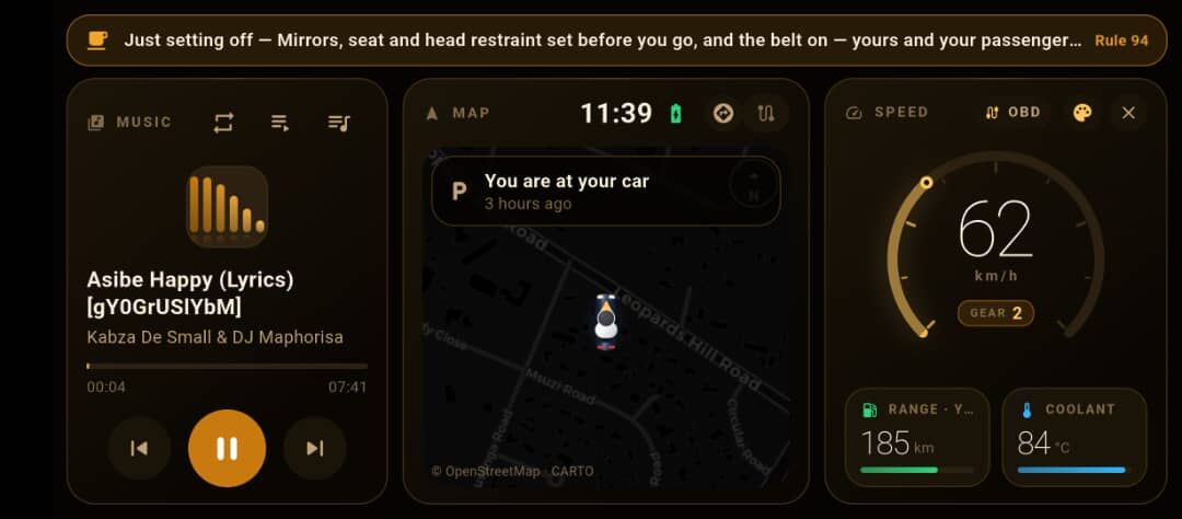 Codriver in drive mode on a docked phone: music, live map and a speed dial reading 62 km/h in second gear, with range and coolant from the car