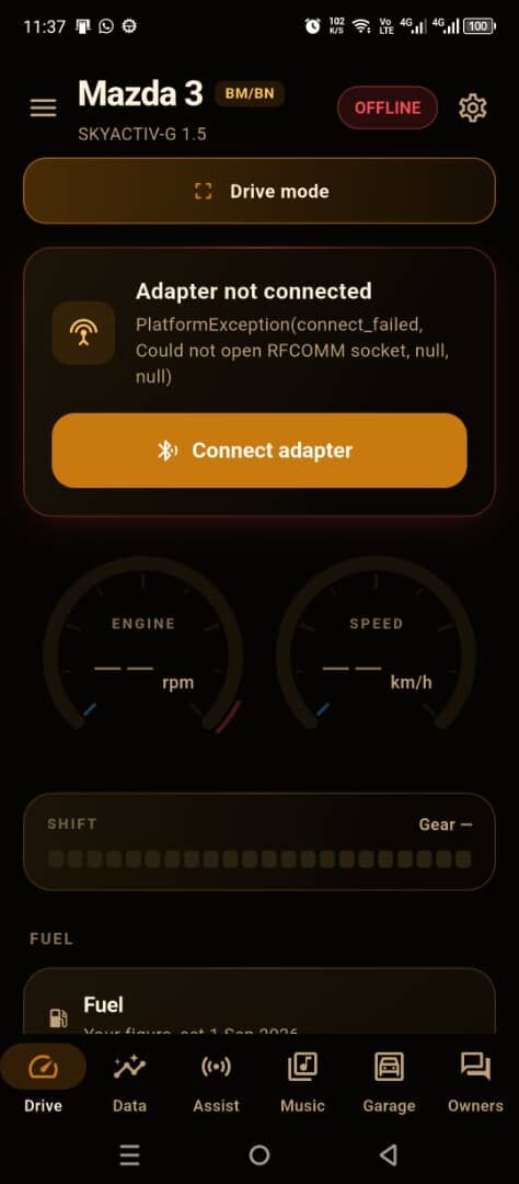 Drive tab offline: adapter not connected, with the reason and a Connect adapter button