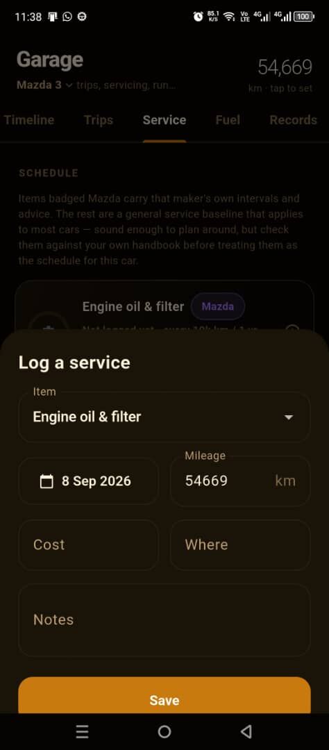 Log a service sheet: item, date, mileage, cost, where and notes