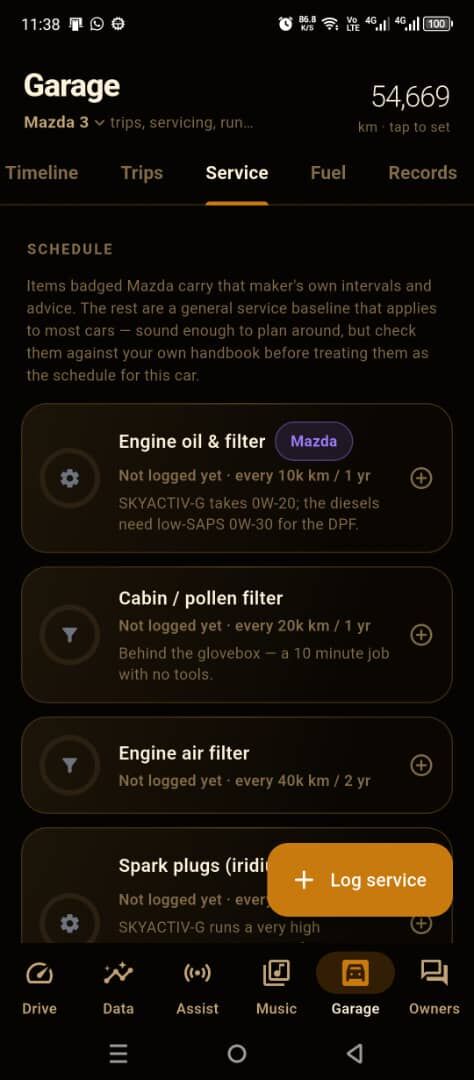 Garage service schedule with Mazda-badged intervals