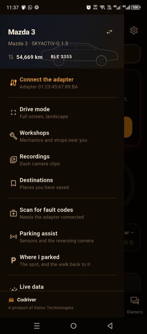 The side menu: connect the adapter, drive mode, workshops, recordings, destinations, fault codes, parking assist, where I parked